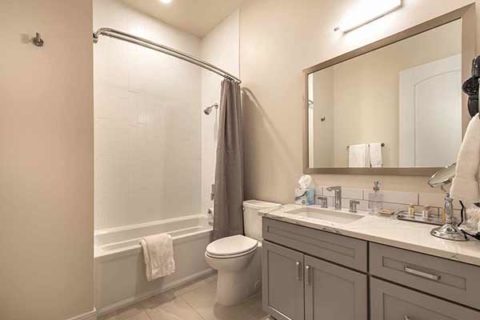 bathroom with carrara quartz counters and grey cabinetry