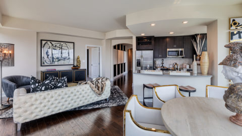spacious living room and kitchen with dark cabinetry and quartz counters